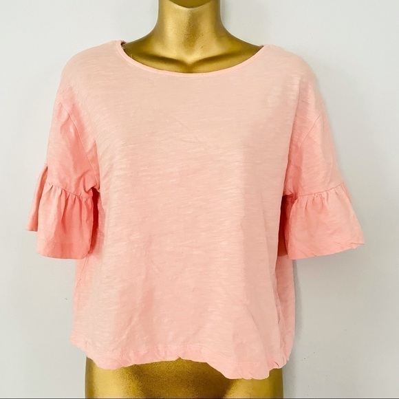 Pink Flounce Sleeve Top Ruffle Short Sleeve Blouse Size Small Casual Chic - Picture 3 of 6